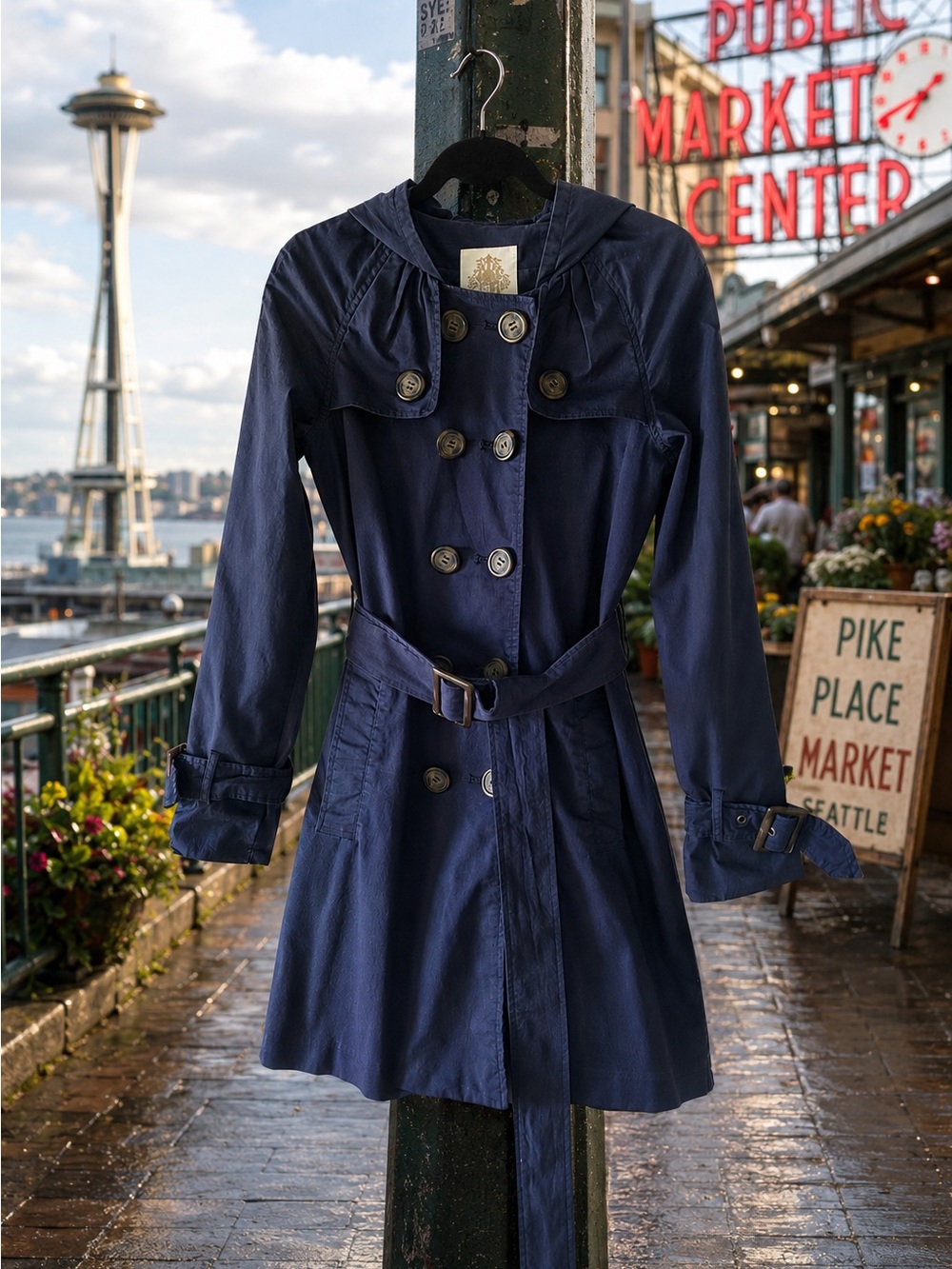 BB Dakota Navy Hooded Trench Coat Jacket Belted Double Breasted Small